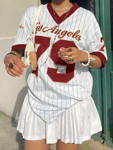 Camiseta de manga corta con cuello en V y estampado de letras de Los Ángeles para mujer, camiseta gráfica de verano, camisetas de béisbol, Camiseta deportiva de gran tamaño - Product Image 3