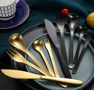 Bán buôn Bạc Chất lượng cao dao kéo nhà hàng Nhật Bản thép không gỉ muỗng ngã ba Matte cưới vàng Flatware