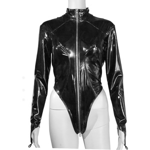 Body de cuero brillante sexy para mujer, de manga larga con cuello alto leotardo, ropa para discoteca, traje ajustado, ajuste personalizado - Product Image 6