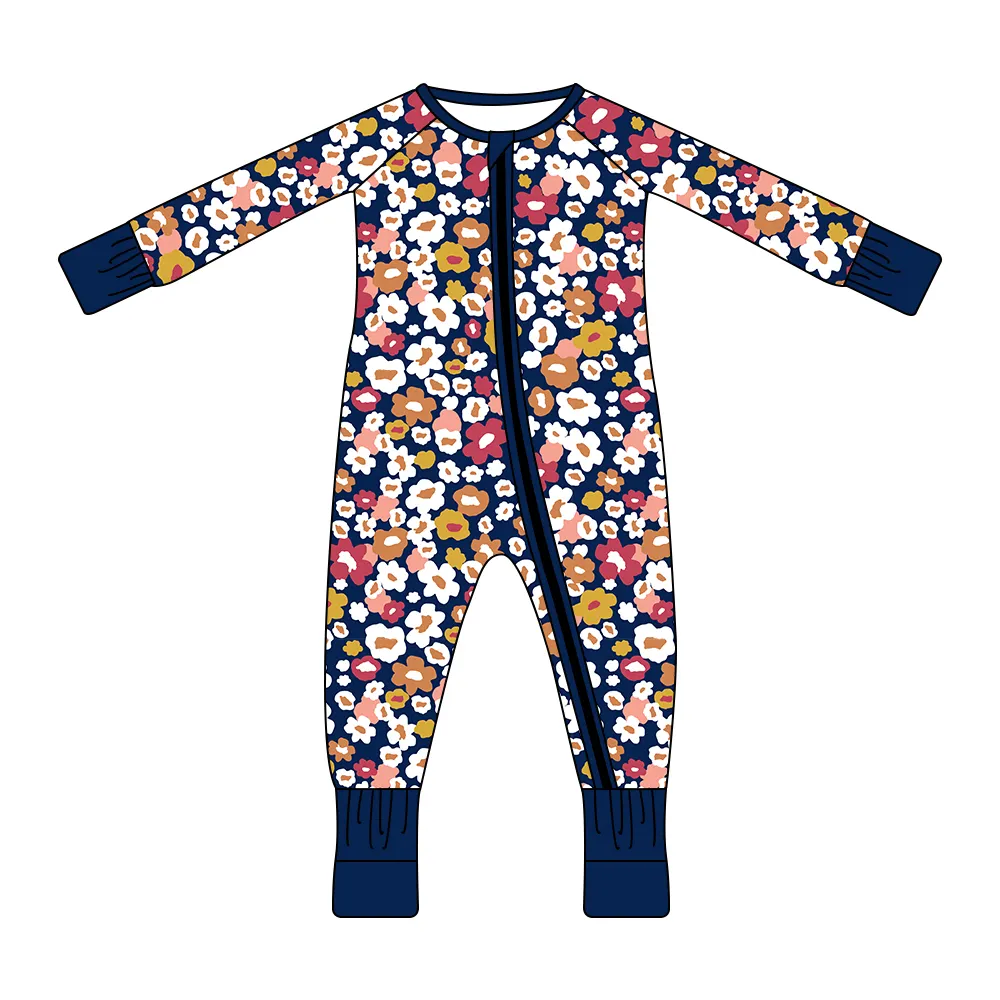 Custom Print 95% Bamboo Viscose 5% Spandex Long Sleeve Plain Baby Romper Flower Print Girl Baby Romper