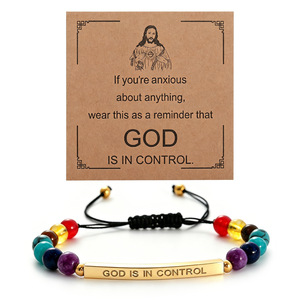 Pulsera <span class=keywords><strong>de</strong></span> 7 Chakras con Cordón Trenzado <span class=keywords><strong>de</strong></span> Piedras Naturales, Grabado con la Frase GOD IS IN CONTROL, Barra <span class=keywords><strong>de</strong></span> Acero Inoxidable Ajustable, Joyería Cristiana Unisex - Product Image 1