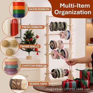 Wooden Ribbon Rack 6 Tier Solid Wood <b>Desktop</b> Storage <b>Shelf</b> For Craft Supplies - Product Image 4