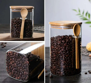 Tarro de almacenamiento de especias de cocina con cuchara de madera, contenedor de almacenamiento de alimentos de vidrio, botella dispensadora de granos con tapa hermética - Product Image 5