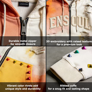 Sweat à capuche personnalisé avec fermeture éclair, effet vieilli, tie-dye, patch brodé 3D, rivets, 100% coton, molleton bouclette lourd, anti-boulochage, <span class=keywords><strong>streetwear</strong></span> - Product Image 2