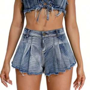2024 New Summer <b>Women's</b> Casual Denim <b>Set</b> Halter Tube <b>Top</b> Pleated Hot <b>Shorts</b> Solid Pattern Washed Techniques 2-Piece <b>Shorts</b> <b>Set</b> - Product Image 2