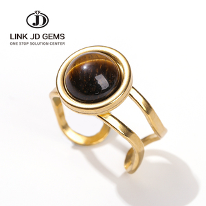 JD Women Vintage Golden Round Cabochon Adjustable <strong>Ring</strong> Jewelry Natural Stone Agate <strong>Quartz</strong> Jasper Stainless Steel Open <strong>Rings</strong> - Product Image 2