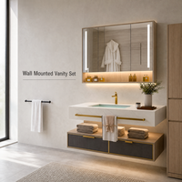 Meja Rias Kamar Mandi dengan Wastafel Tunggal / Ganda - Meja Rias Kamar Mandi Modern dengan Kabinet Cermin LED Anti Embun, Set Meja Rias yang Dipasang di Dinding