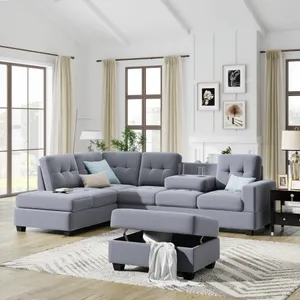 Winforce Sectional Sofa with Reversible Chaise Lounge L-Shaped Sofa Couch with Storage Ottoman and Cup Holders