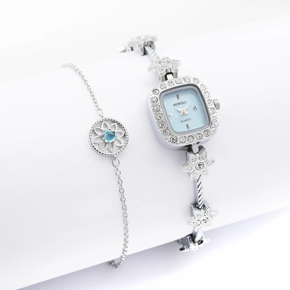 Designed Silver Tone Pave Watch And Bracelet Gift Set For Ladies