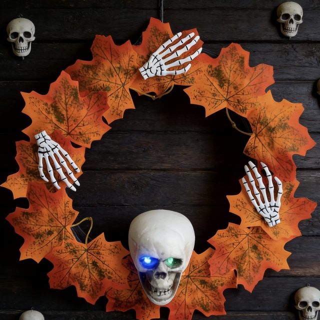 Pafu Halloween Decor Simulated Maple Leaf Skeleton Head Garland LED Glowing Eye Halloween Horror Skull Wreath for Festival Decor