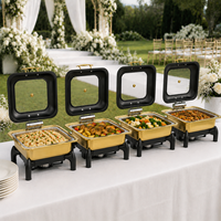Piring Sajian Prasmanan Mewah Hitam Emas Stainless Steel Chafing Dish Persegi Penghangat Makanan Komersial untuk Hotel