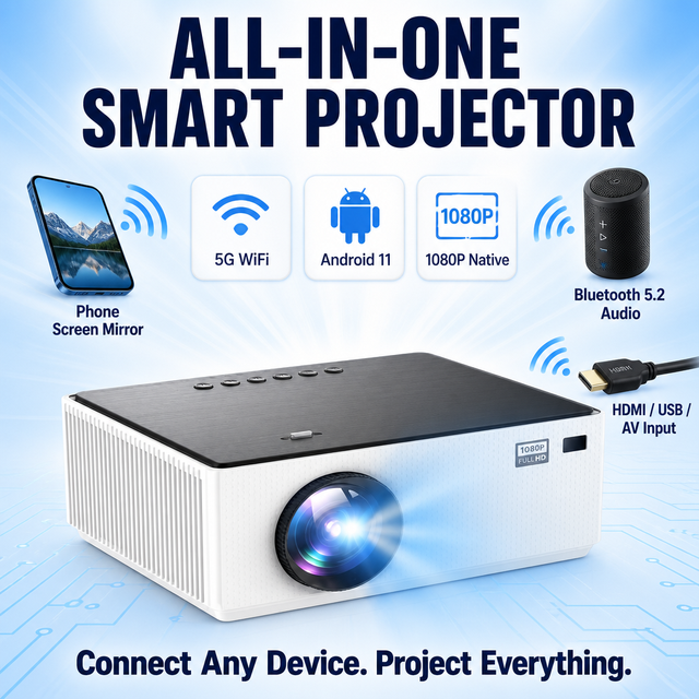 Smart Projector with Screen Mirroring Android 11 1080P WiFi Bluetooth 5.2 350 ANSI Phone Casting 25 to 100 Inch for Home Use