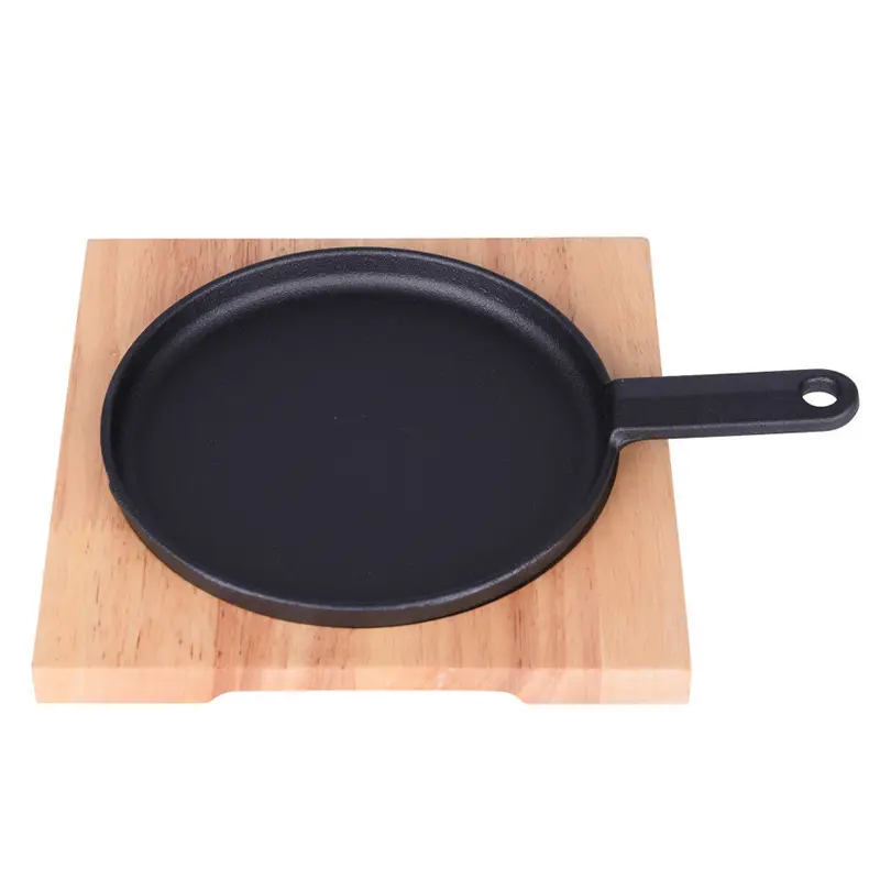 Cast iron cookware Cast Iron frying Pan sizzling plate BBQ grill pan with wooden underliner and Gripper