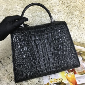 Sac à main enveloppe en cuir de crocodile noir avec fermeture à cadenas argenté, sac élégant pour femme, usage quotidien - Product Image 1
