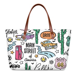 Bolsas para Mulheres com Frete Grátis, Bolsas Gráficas Retro com a Bandeira dos EUA e Sinal Route 66, Último Design em Couro PU - Product Image 3