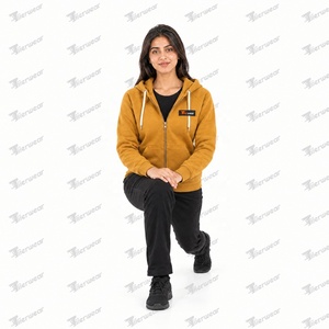Sweat-shirt en polaire à capuche et fermeture éclair pour femme, couleur moutarde, coupe régulière, manches longues, couleur unie, vêtements d'automne - Product Image 5