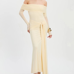 Robe longue sans col à nouer devant en maille, couleur jaune beurre, respirante, écologique, imprimée numériquement - Product Image 1