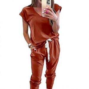 Women's Two Piece Breathable Lightweight Tracksuit Casual Summer V Neck Short Sleeve Tops Drawstring <b>Jogger</b> Pants Lounge Outfit - Product Image 1