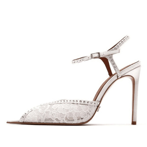 <b>Large</b> Size 45 Women Peep Toe Sandals Dress Lace Stiletto Shoes High Slim Heels Ankle Strap Rhinestone Wide Fit Pumps - Product Image 3