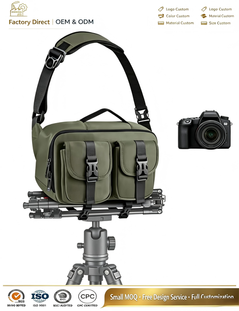 Polyester DSLR Camera Sling Bag Tripod Holder Waterproof Roll-Top Closure Large Capacity Shoulder Crossbody Bag for