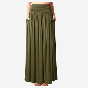 Của phụ nữ gấp trên eo cao shirring maxi váy cộng với kích thước Jersey GYPSY Hippie Dài váy với túi - Product Image 2