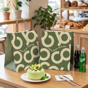 Custom Eco-Friendly Disposable Biodegradable Kraft <b>Paper</b> Bags with Handles for Dessert Cake Croissant Bread Toast Takeaway - Product Image 2
