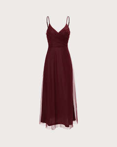 Personalizado Vintage <span class=keywords><strong>rojo</strong></span> sólido Color malla espagueti correas cuello en V espalda descubierta cintura largo mujeres Sexy elegante fiesta vestidos de noche - Product Image 6
