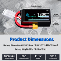 Batterie Lipo TERANTY 3S 1800mAh Shorty 11.1V 60C avec connecteur T/XT30/XT60/JST pour voiture RC 1/16 Slash Bashing Truck