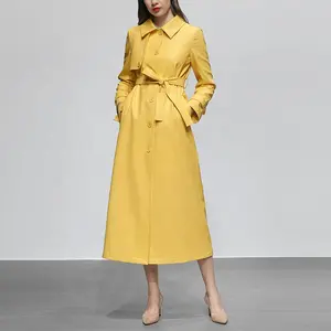 Gabardina de lujo OEM para mujer, abrigo de cuero de cintura alta con cinturón amarillo sólido personalizado