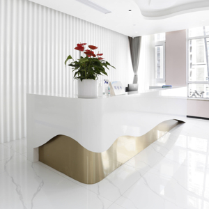 आधुनिक विलासिता kln mdf रिसेप्शन डेस्क कार्यालय या व्यावसायिक उपयोग के लिए एलईडी लाइट ऑफिस फर्नीचर फ्रंट डेस्क रिसेप्शन काउंटर - Product Image 1