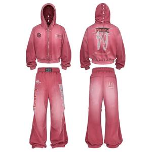 Custom Logo High Quality Vintage Washed Sun Faded Hoodie <strong>Set</strong> 100% Cotton Sun Faded Sweatpants Streetwear Tracksuit For Winter