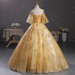 Gold Off-Shoulder Ball Gown Empire Waist Floral Print Embroidered Organza For Students Art Exams Performances Hosting Events - Product Image 4