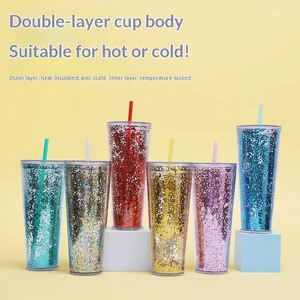 Stock 26Oz 750Ml <b>Large</b> Capacity Glitter Plastic Transparent Colorful Straw Water <b>Cup</b> for Office Tumbler Mug <b>Cup</b> With Straw - Product Image 3