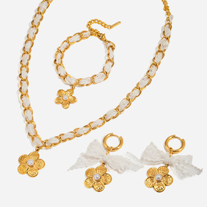 Floral Geometric <b>Pearl</b> Lace <b>Necklace</b> <b>Set</b> Gold Women's Everyday Wear Jewelry - Product Image 1