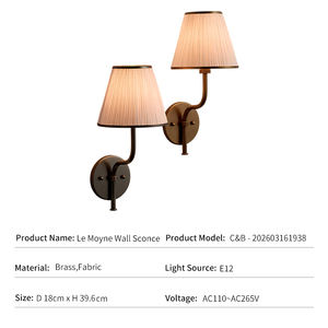 Applique murale en laiton moderne de luxe pour chevet d'hôtel, abat-jour en tissu plissé, LED, vente en gros d'usine, transfrontalier, <span class=keywords><strong>Le</strong></span> Moyne - Product Image 3