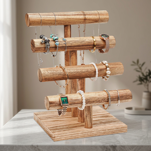 JIASHU Wooden 4-Tier Jewelry <b>Shelf</b> & Bracelet Holder Display Organizer with T-<b>Bar</b> Bangle Storage - Product Image 3