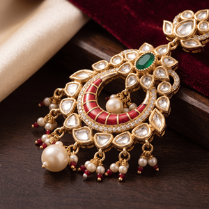 Boucles d'oreilles Chandbali Meenakari Kundan plaquées or avec émeraudes, rubis et perles, boucles d'oreilles pendantes traditionnelles indiennes pour mariée - Product Image 4