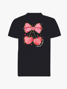 T-shirt da donna a maniche corte stampata per San Valentino con fiocco a ciliegia, vestibilità regolare, 100% cotone jersey, primavera estate, graziosa - Product Image 1