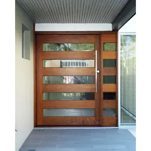 Engsel pintu pivot masuk depan kustom modern 300kg desain pintu masuk kayu pivot dengan lampu samping untuk rumah Apartemen Vila