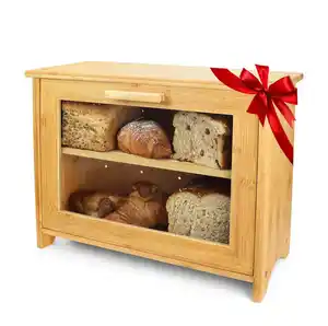 厨房台面竹制面包盒双透明窗户层面包储物箱