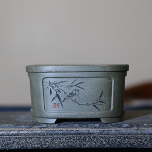 Pot à Bonsaï en Argile Violette Fait Main, Forme Carrée, Motif Kui Gravé, Style Classique, Contenant pour Plantes - Product Image 4