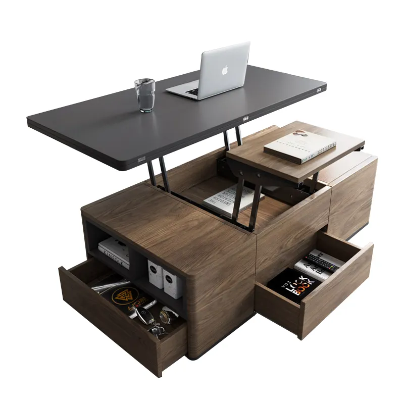 Mesa de centro plegable moderna multifunción, mesa de té de madera con taburetes y ruedas para muebles de sala de estar