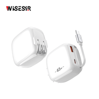 Chargeur mural WISESIR 65W Premium GaN USB-C PD 3.0 à charge rapide PPS, efficacité 92%, pour mobile, ordinateur portable, voyage, usage domestique