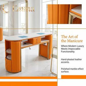 Table de Manucure Double de Luxe en Pierre Frittée, Orange Ambre Premium, avec Revêtement en Cuir Plissé, Poste de Travail Professionnel pour 2 Personnes en Salon - Product Image 4