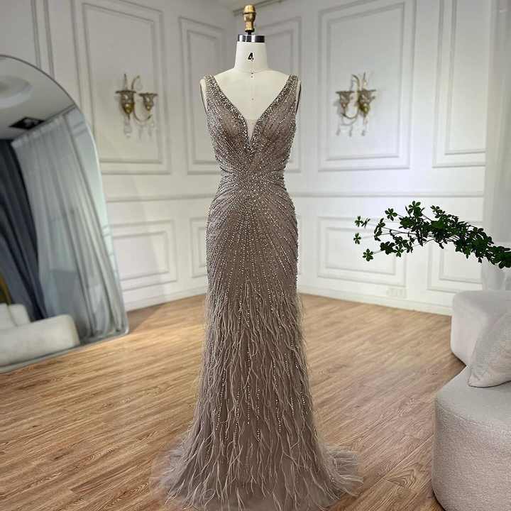 Silver Nude Luxury Mermaid  Beaded Evening Dresses Gowns  Puffy Sleeves Elegant For Women Party  LA70809