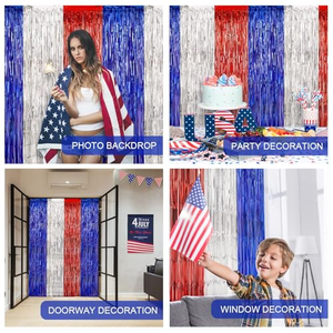 Decoraciones Patrióticas para el Día de la Independencia de Estados Unidos, Accesorios para Fotomatón del 4 de Julio, Telón de Fondo con Cortinas de Papel Metálico Rojo, Azul y Plateado - Product Image 3