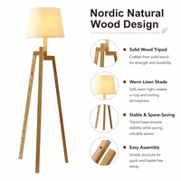 Lampe sur pied en bois LED avec abat-jour en tissu blanc, design minimaliste moderne, base à douille E26/E27 pour salon, chambre à coucher