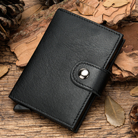 Dompet pria kulit asli, pemblokir RFID Anti magnetik, pemegang kartu kredit ID dengan kancing penutup warna Solid