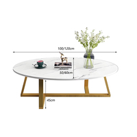 Table basse elliptique en bois de luxe avec plateau à motif marbré, structure en métal, mobilier moderne pour salon