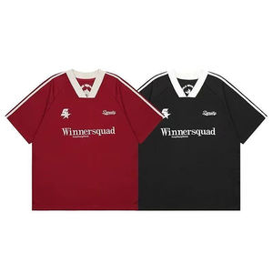 T-shirt de sport décontracté unisexe à col en V et manches courtes, brodé sur mesure, style color block, pour couple, coupe ample, vintage - Product Image 1